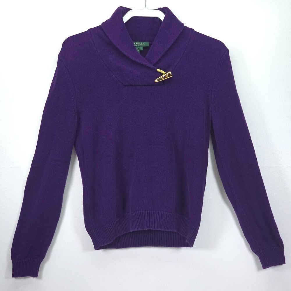 Ralph Lauren Shawl Collar Sweater Women's Small Purple Gold Bear Tooth‎ Corpcore
